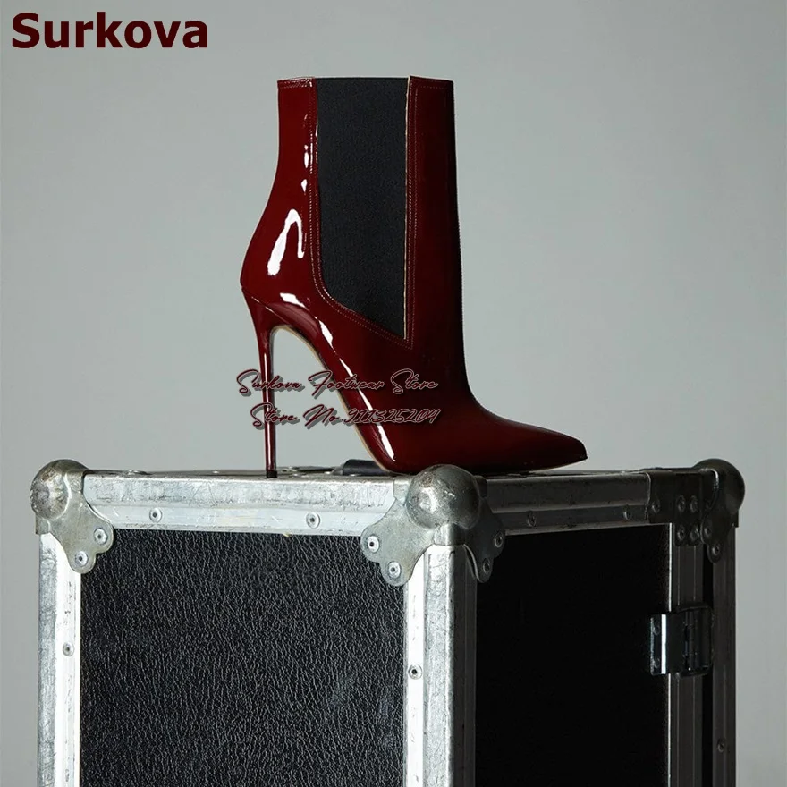 Surkova Burgundy Black Patent Leather Elastic Band Ankle Boots Stiletto Heel Pointed Toe Patchwork Dress Shoes Stretchy Booties