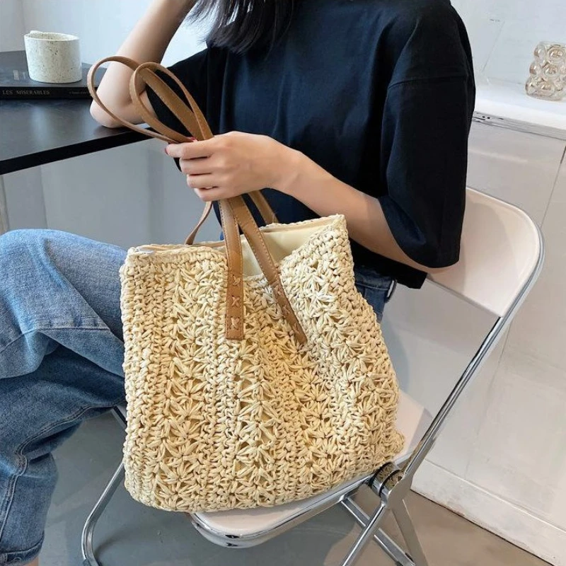 

Square Hollow Straw Beach Bag Handmade Woven Shoulder Bag Raffia Rattan Shopping Travel Bag Bohemian Summer Vacation Casual Tote