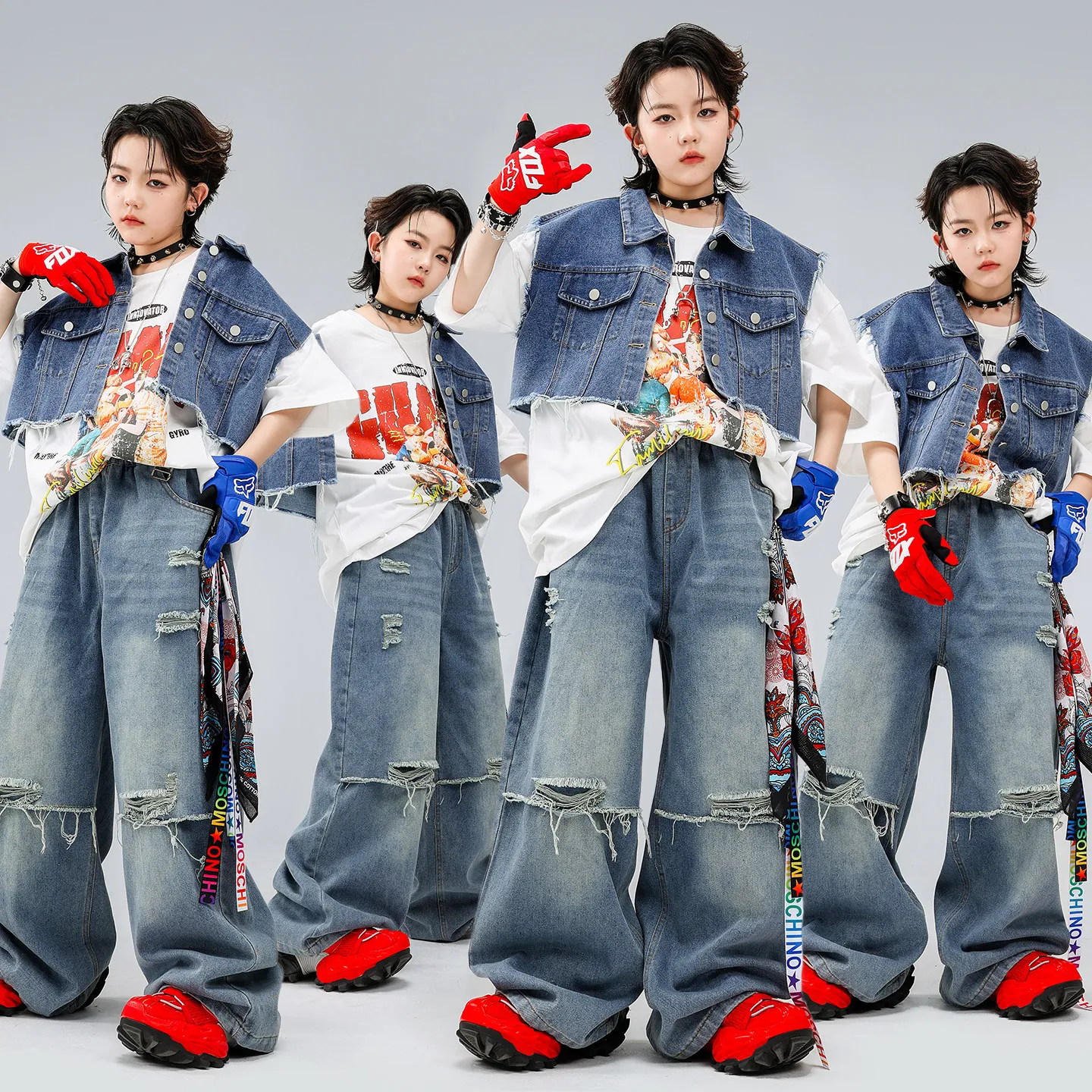 Kids K-pop Hip Hop Street Dance Blue Raw Hem Crop Vest Top Ripped Wide Leg Jeans Pants Girl Boy Costume Clothes Clothing outfits