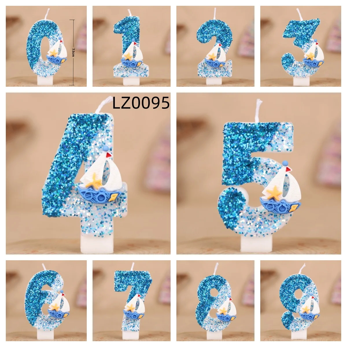 New 0-9 Number Birthday Two tone blue and white sailboat Digital Party Anniversary Candle Decoration