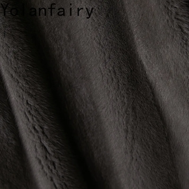 เสื้อโค้ทขนสัตว์แท้คุณภาพสูง YOLANFAIRY สำหรับผู้หญิง หรูหรา สำหรับฤดูหนาว ความยาวปานกลาง ทำจากขนมิงค์แท้ทั้งตัว พร้อมฮู้ด สีเทา