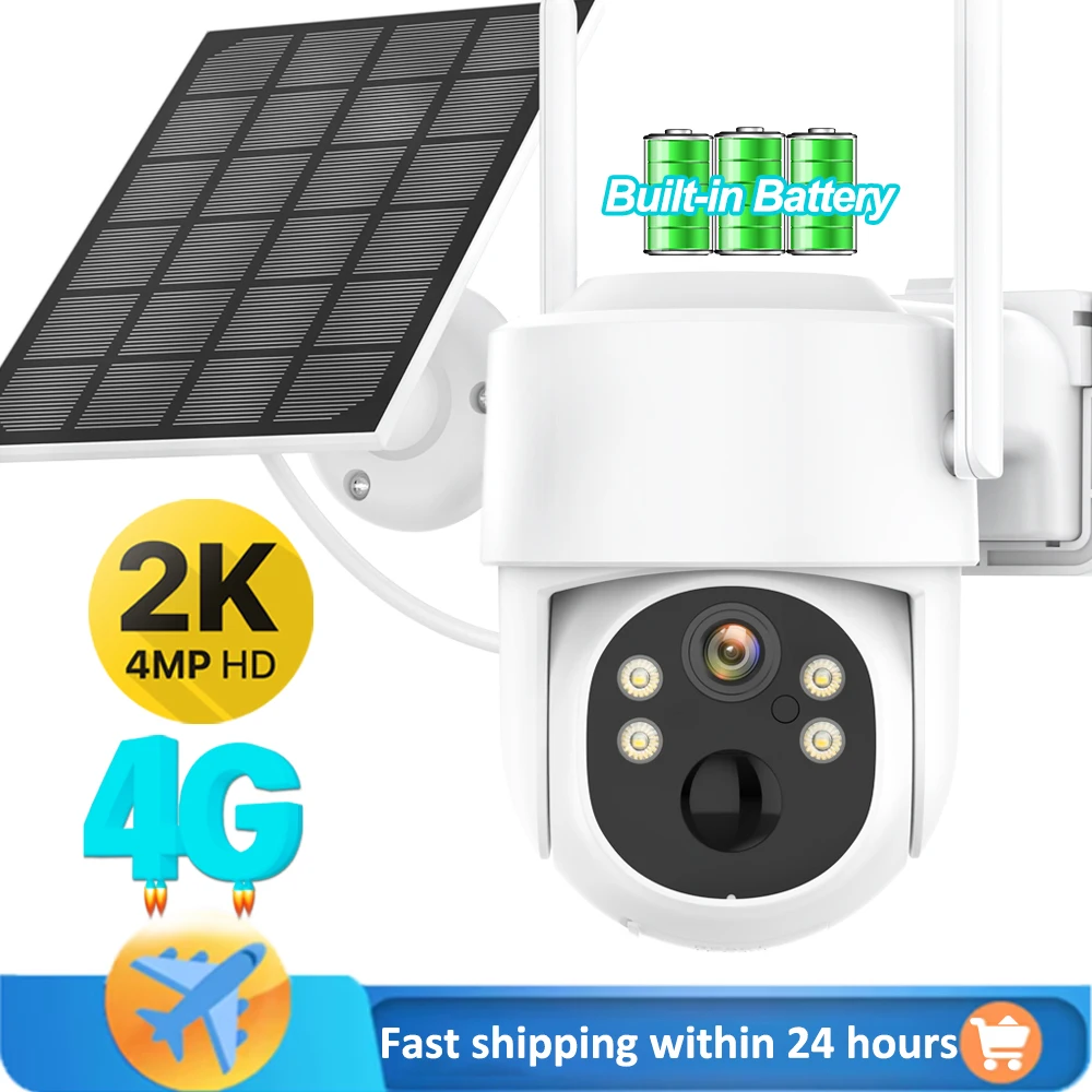 4G Outdoor IP Camera 4MP HD PTZ Camera Solar Wireless Built-in Battery PIR Human Detect Audio Security Camera iCsee