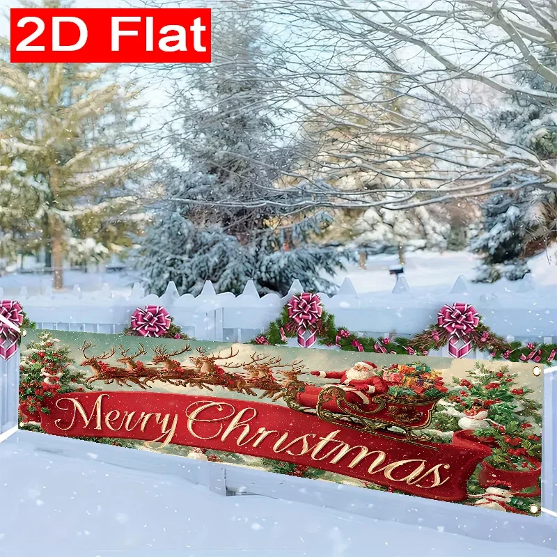 1pc 2D Flat Christmas Sled Banner, Red Berry & Santa Claus Pattern, Outdoor Lawn & Wall Decor, Holiday Party Supplies