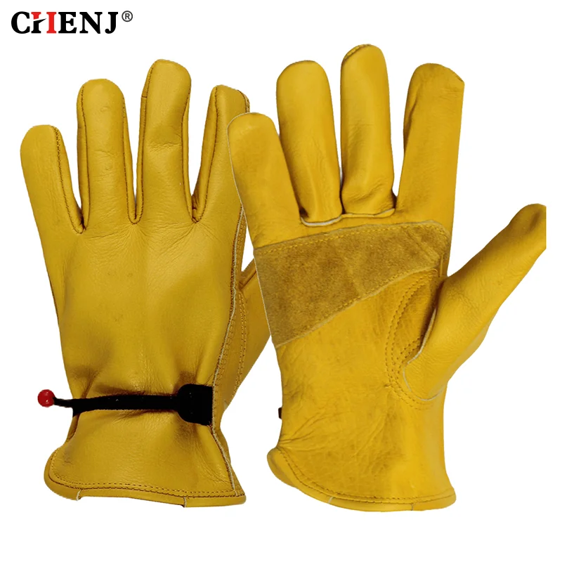 1 Pair Yellow Cowhide Heavy Duty Safety Protective Driver Working Welding Stretchable Mechanic Glove Leather Work Gloves For Men