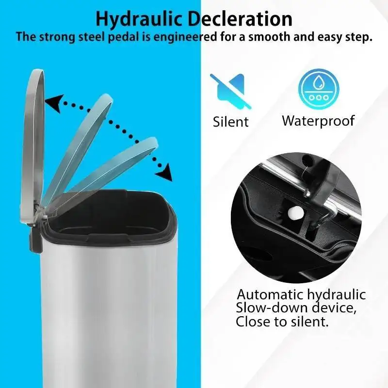 13ガロン（50リットル）家庭用キッチンステンレス製リサイクルビン、蓋取り外し可能、内側バケツ、フットペダル、ソフトクローズ