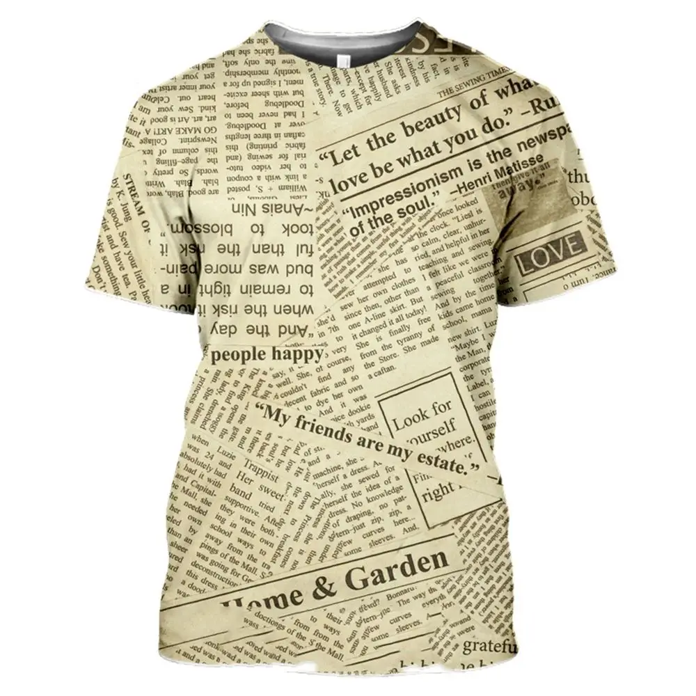 Summer Men's Vintage Newspaper Print 3d Printed T-Shirt Classic O Neck Short Sleeve Trend Street Fun Personality Plus Size Top