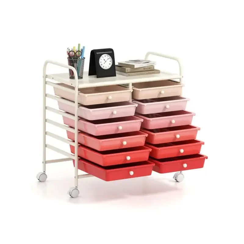 12-Drawer Rolling Storage Cart with Multicolor Drawers, 4 Wheels (2 with Brakes), White Frame and Pink Accents