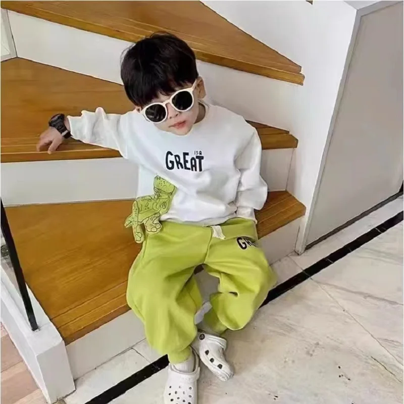 Autumn Children Girls Boys Clothes Sets Kids Cartoon Dinosaur Sweater Pullover Top & Pants 2 Pieces Suit Letter Outfit Tracksuit