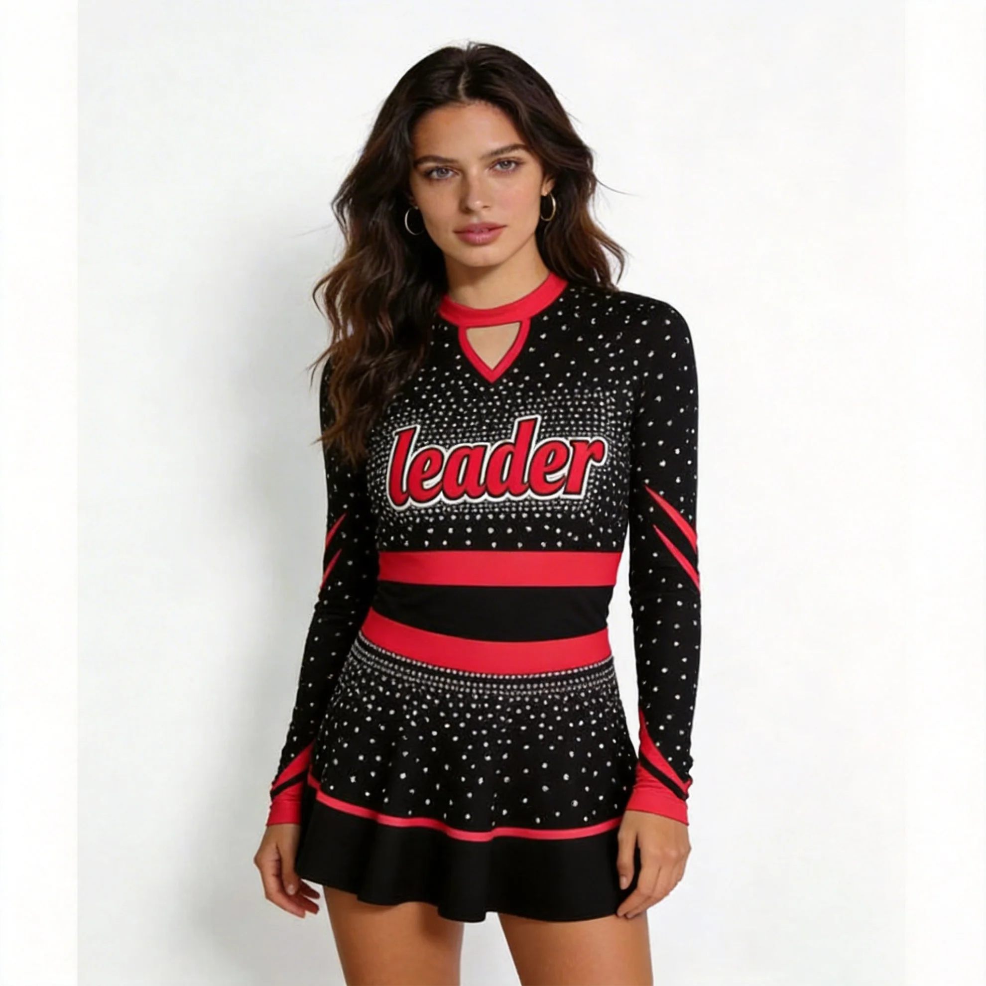 

Sparkly Rhinestone Cheerleading Costume Women Long Sleeve Leader Cheer Uniform Dress Black Red Cheerleader Outfit Performance