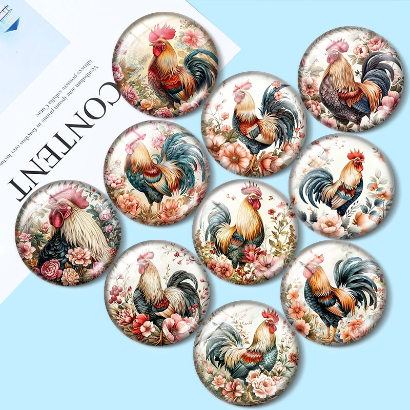 

Vintage Rooster Chicken 12mm/18mm/20mm/25mm Round glass cabochon flat back Making findings for custom DIY bracelets