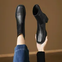 Autumn Vintage Elastic Slim Women Ankle Boots Fashion Soft Leather Shoes Ladies Elegant Thick Heel Mordern Short Booties - Image 3