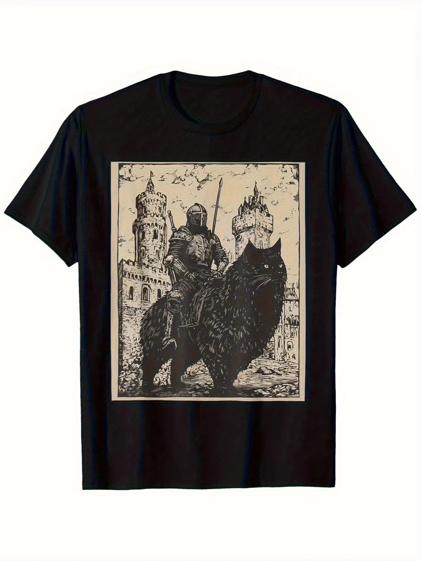 2026 Retro Mittelalterlicher Ritter Schwarze Katze Muster Herren Bedrucktes T-Shirt - Geeignet für Rollenspiele