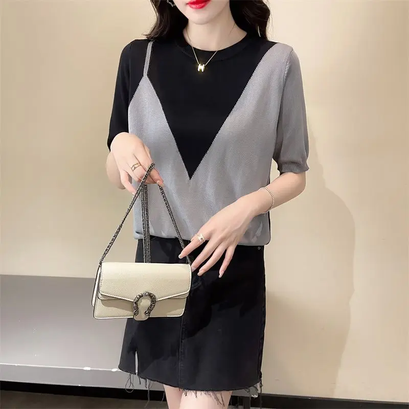 Temperament Color Matching Ice Silk Blouse Summer Short Sleeve O-collar Loose Office Korean All-match Lady Pullover Shirt