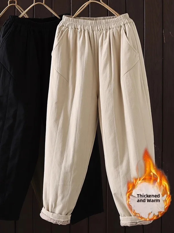 

Женские утепленные брюки с высокой талией в стиле Харадзюку, повседневные хлопковые брюки для осени и зимы, теплые, однотонные, в художественном стиле