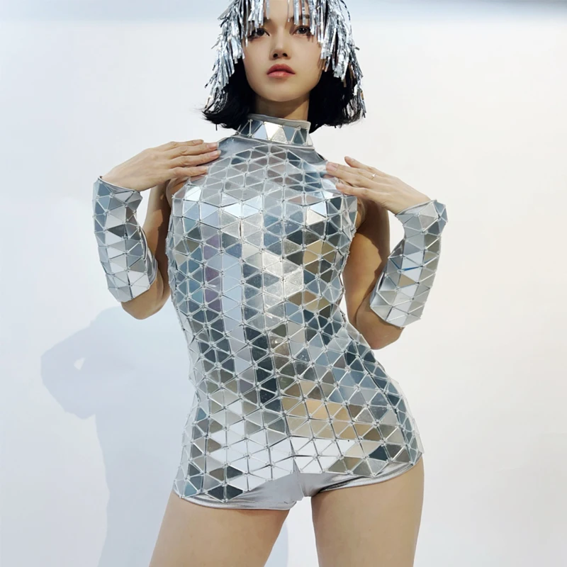 Body espelhado prateado costurado à mão feminino, roupas de dança de poste, lente rave, bar, dj, palco, performance de dança, roupas gogo