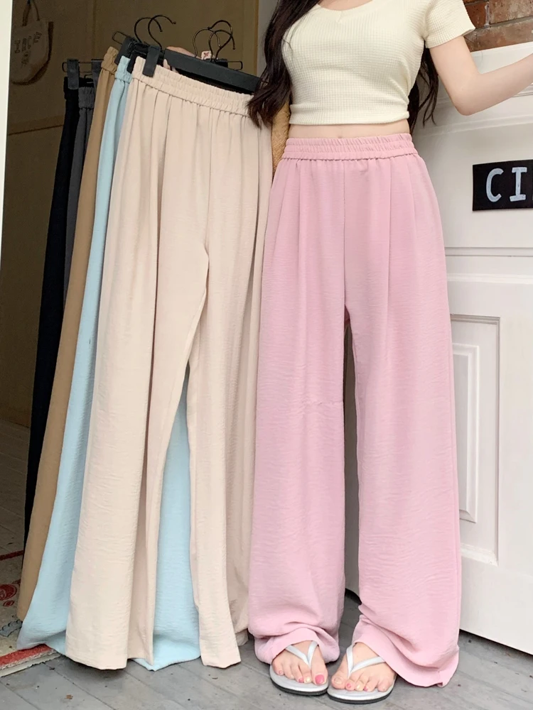 

Pink Ice Silk Casual Pants For Women's Summer Thin High Waist Pants Loose Wide Leg Straight Leg Pants Draping Floor Long Pants