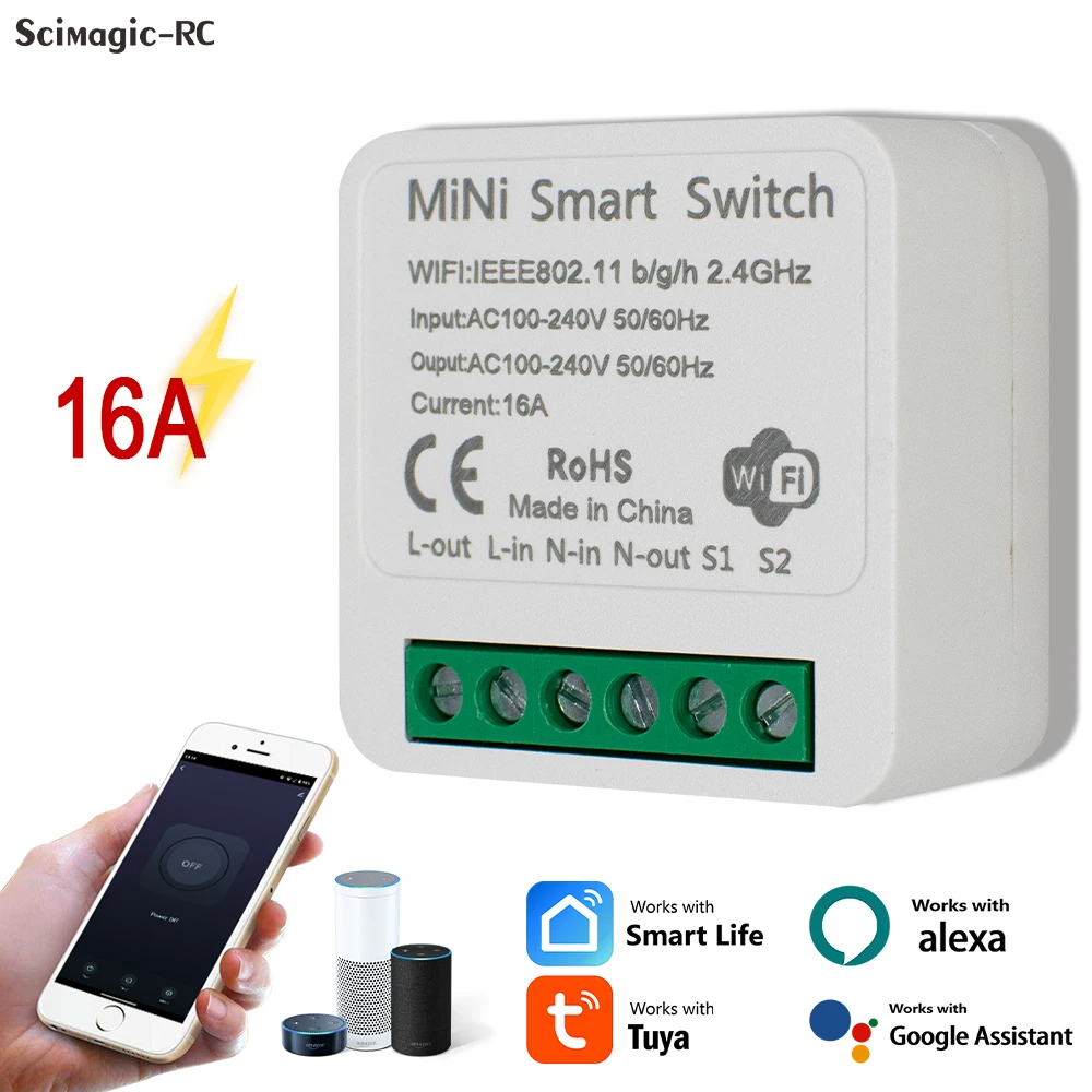 Tuya Mini 16A WiFi Switch Smart Life App 2 Way Control Smart Home Automation Module Interruptor Work for Alexa Google Home