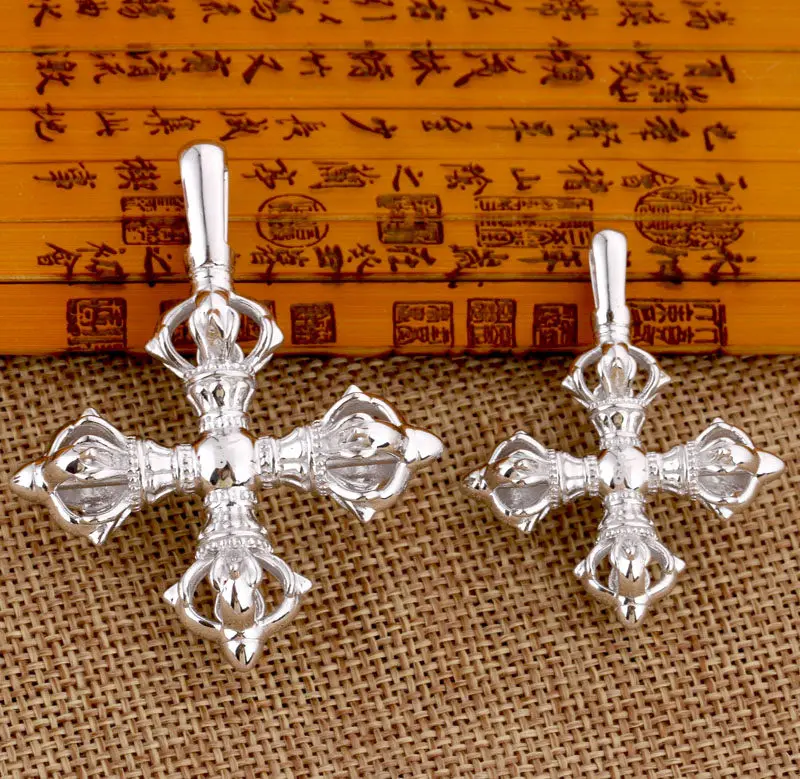 Sterling Silver Five Prong Double Vajra Pendant Vintage Buddhist Necklace Charm, Decorative Charm for Personal Wear