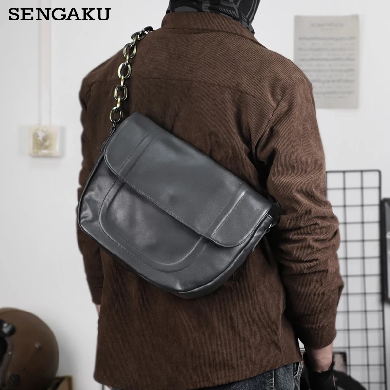 

High Quality Genuine Leather Men's Shoulder Bag Casual Crossbody Messenger Bag With Chain Male Chest Bags Handbag