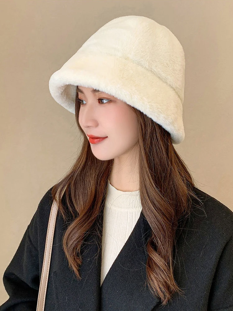 Faux Fur Winter 7 Solid Color Hairy Plush Bucket Hat Invierno Mujer Bucket Hats Soft Fisherman Cap Lady Femme Cover Head Caps