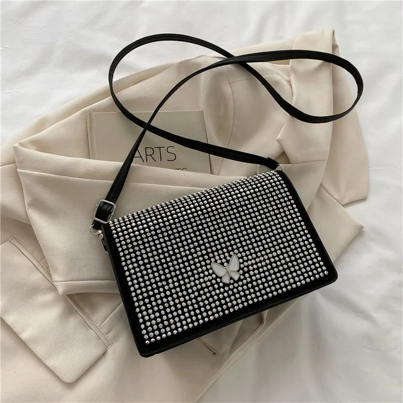 Black Shoulder Bag Shiny Fashionable Rhinestone Women's Bag Flip Bag Single Shoulder Crossbody High Quality Square Bag