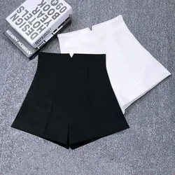 Biały czarny Stretch garnitur szorty kobiety nowy Mini krótkie spodenki z wysokim stanem kobiet Hotpants eleganckie szerokie nogawki szorty na lato C5378