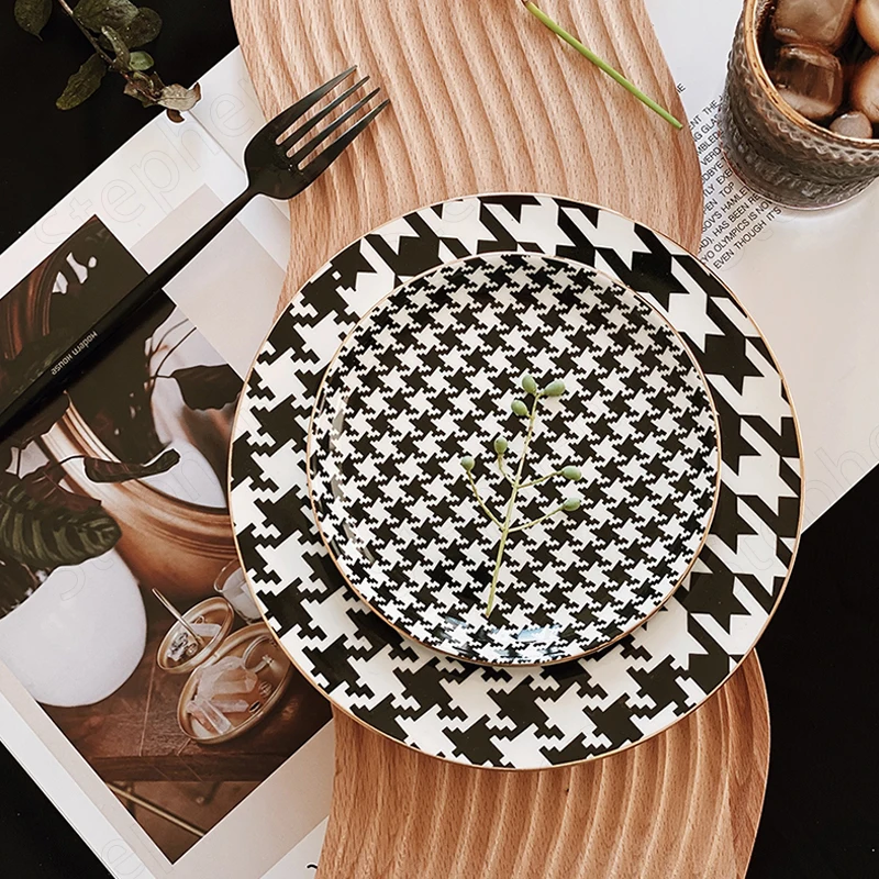 Nordic Ins Classic Black White Grid Ceramic Plate Modern Houndstooth Dinner Plates Afternoon Tea Cake Dessert Dishes Tableware