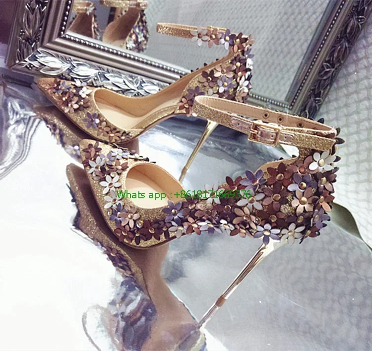 

Stiletto High Heel Pointy Toe Pearl Sandals Luxury Metallic Flower Rhinestone Sandals Women Dress Bridal Embellished Shoes