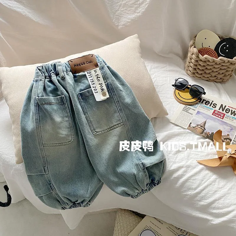 Spring Autumn Children Boys Jeans Cotton Letter Sticker Infant Babys Boys Denim Pants Loose Retro Water-washed Toddler Boy Pants