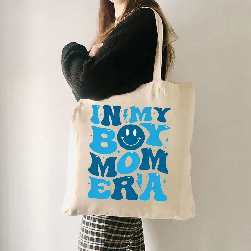 

In My Boy Mom Era Pattern Tote Bag Canvas Daily Commute Reusable Shopping Bags Trendy Folding Clutch Gratitude Gift for Mom