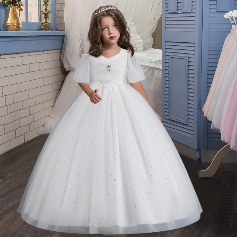 Children's half sleeved off shoulder princess dress 5-14 year old girl sequins waistline poncho dress presenter temperament dres