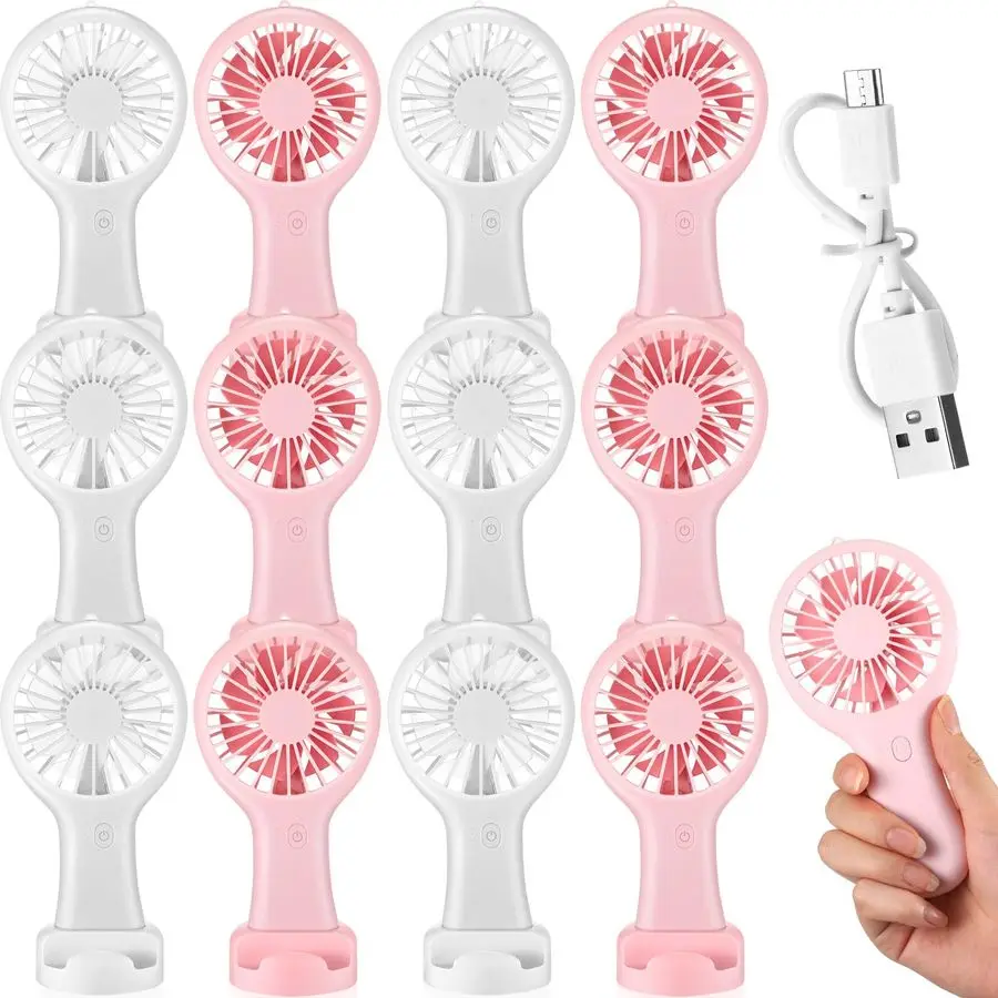 

12 Pcs Mini Handheld Fan Bulk 3 Speed USB Electric Battery Operated Small Portable Pocket Fan with Data Cable and Mounting Base