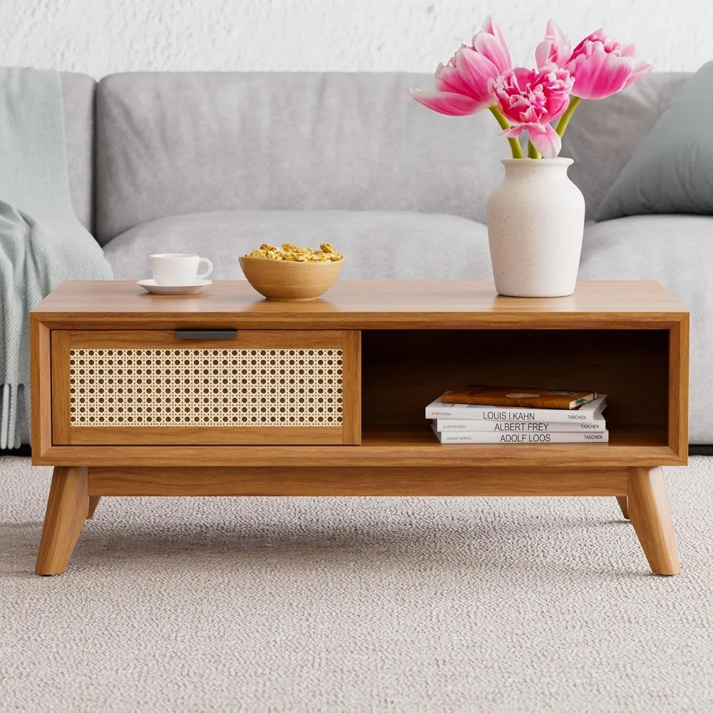 Mesa de centro de jaspe de madera maciza con almacenamiento, diseño de ratán decorativo, buena elección para sala de estar, chocolate negro