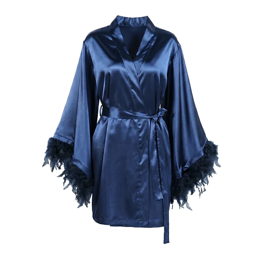 Women Elegant Feather Cuff Satin Robe Belted V-Neck Short Bathrobe Imitation Silk Long Sleeve Sleepwear Bridal Morning Home Gown