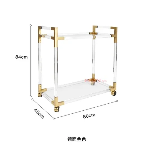 عربة طعام فاخرة خفيفة من الأكريليك بتصميم شفاف وعربة زجاجية عضوية مع فرامل