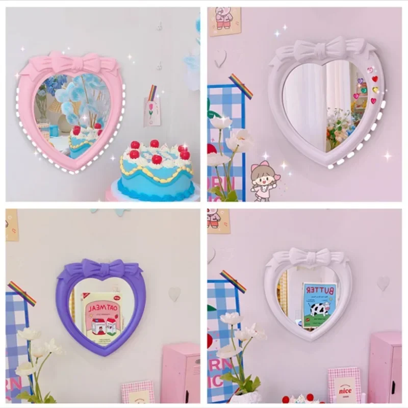 Ins Style Pink Bow Heart-shaped Mirror Home Decor Desktop Wall Hanging Dual-use Dresser Room Student Dormitory Decoration Mirror