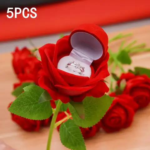 1/5PCS Red Rose Flocked Jewelry Box Proposal Ring Storage Box Romantic Engagement Ring Case Gift Box For Valentine's Day