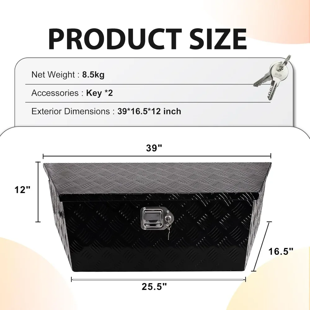صندوق أدوات لسان مقطورة 39 من الألومنيوم مع قفل ومفتاحين، صندوق تخزين عالي التحمل 39x16.5x12