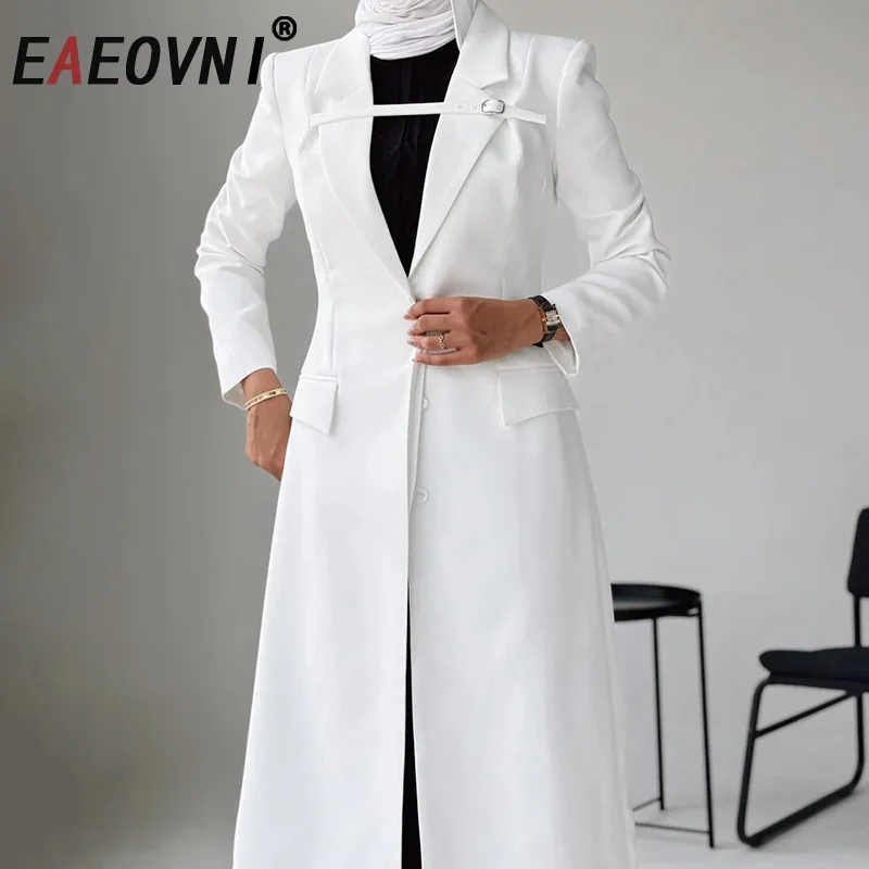 

EAEOVNI Office Lady Solid Color Long Blazer Coat For Women Notched Collar Belt Spliced Slim Fashion Jacket 2025 New 1A1005