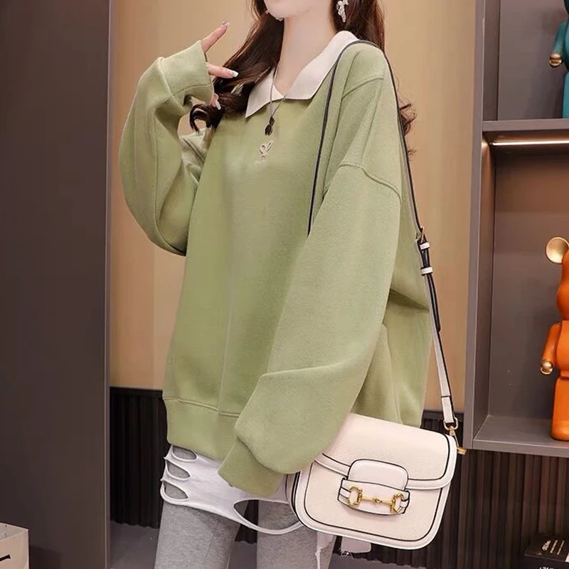 Women Trendy Embroidery Contrast Color Oversized Streetwear Sweatshirts Y2K Autumn Casual Polo Collar Long Sleeve Pullover Tops