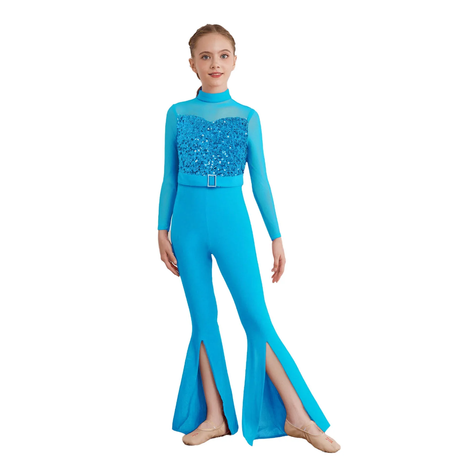 

Kids Girls Latin Jazz Dance Jumpsuit Long Sleeve Cutout Back Sequins Bodice Split Bell-Bottom Rompers for Cha-cha Performance