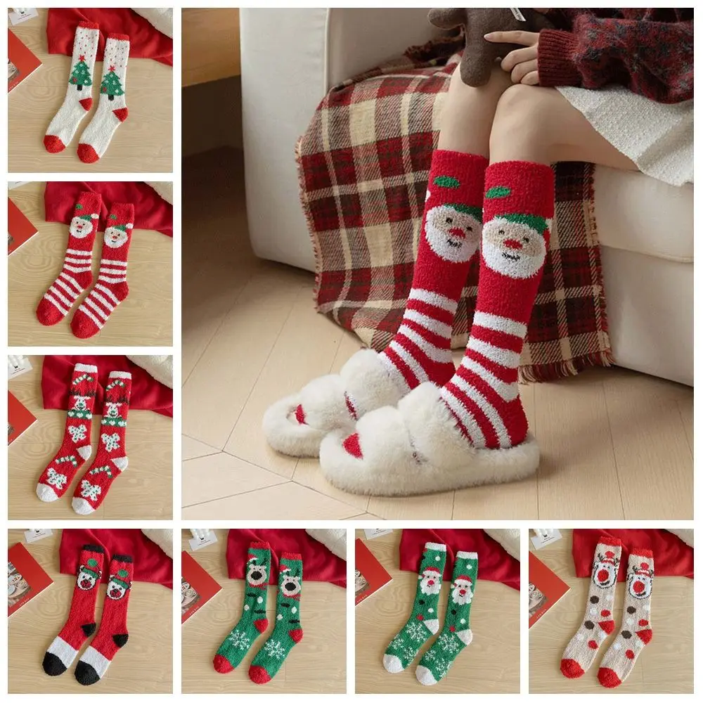 Kaus kaki betis tebal stoking Natal kaus kaki tidur rumah gaya Korea bulu karang kaus kaki wanita tabung panjang Santa Claus gadis