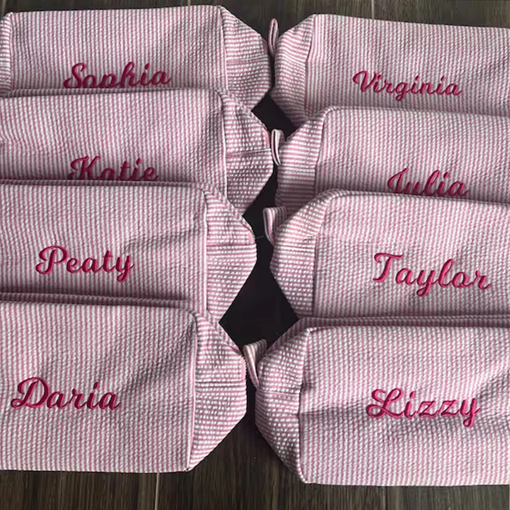 Seersucker Cosmetic Bag, Bridesmaid Gift Women's Makeup Bag, Custom Girls Travel Toiletry kits,Personalized Bridal Party Gifts