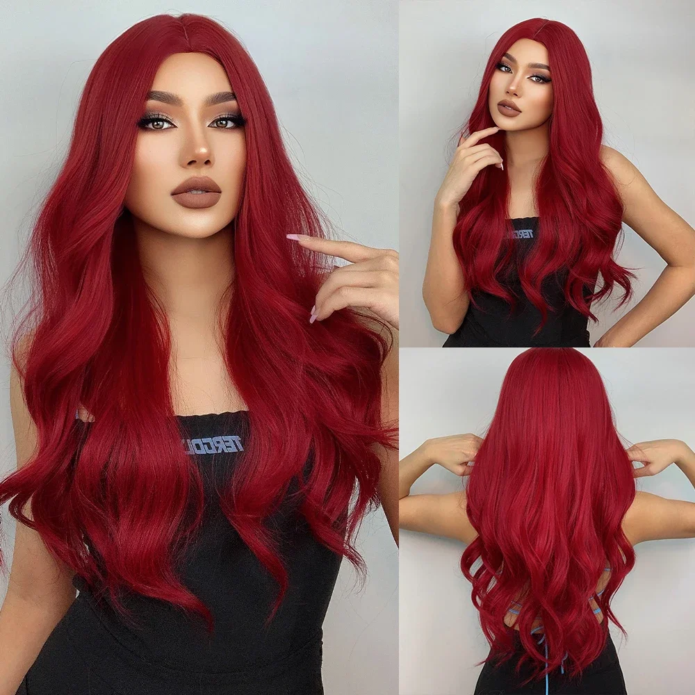 

Wine Red Long Wavy Synthetic Hair for Women Red Body Wave Halloween Cosplay Natural Daily Heat Resistant Wigs