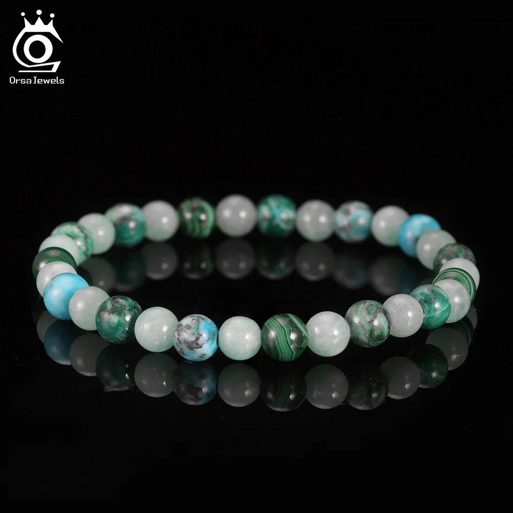 

ORSA JEWELS Round Natural Green Turquoise Stone Beads Bracelet Exquisite Healing Stone Handmade Elastic Jewelry Accessorie GMB88