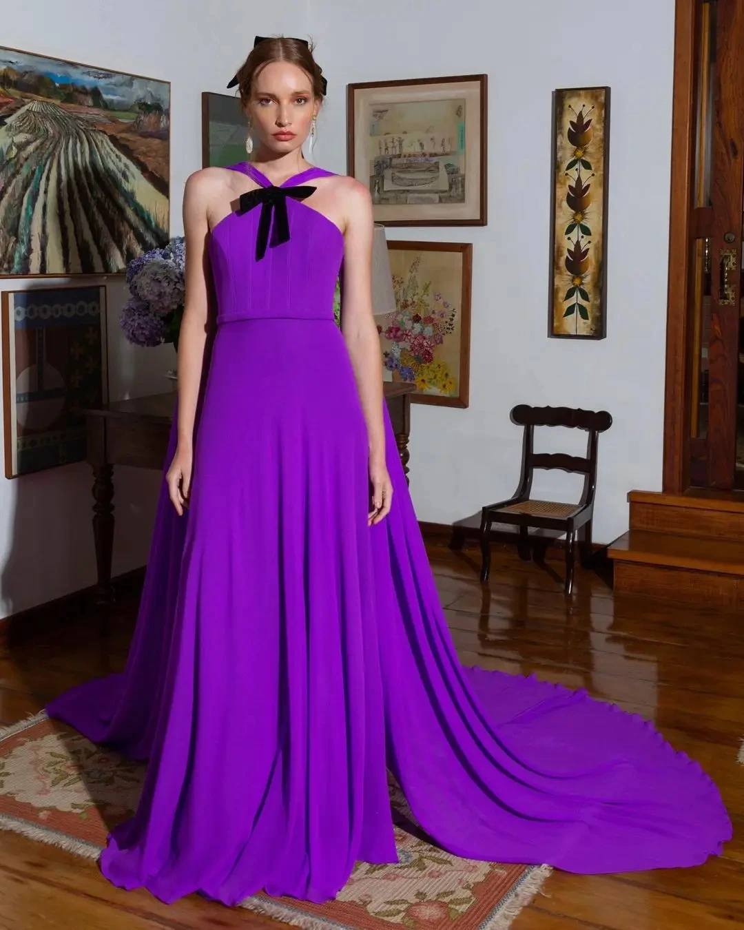 Scoggins Purple A-Line Bow Prom Dresses Sleeveless Backless Floor-Length Simple Style Evening Dresses 2023 New Modern Design