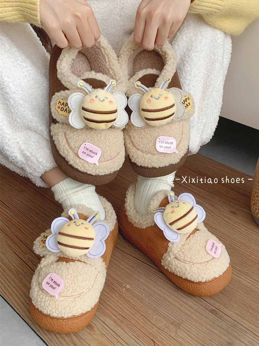 Bee Cute Cotton Home Slippers Shoes Female Winter Parent-child Wearing Non Slip Warm Boys' Girls' Baby Shoes Household Slipper