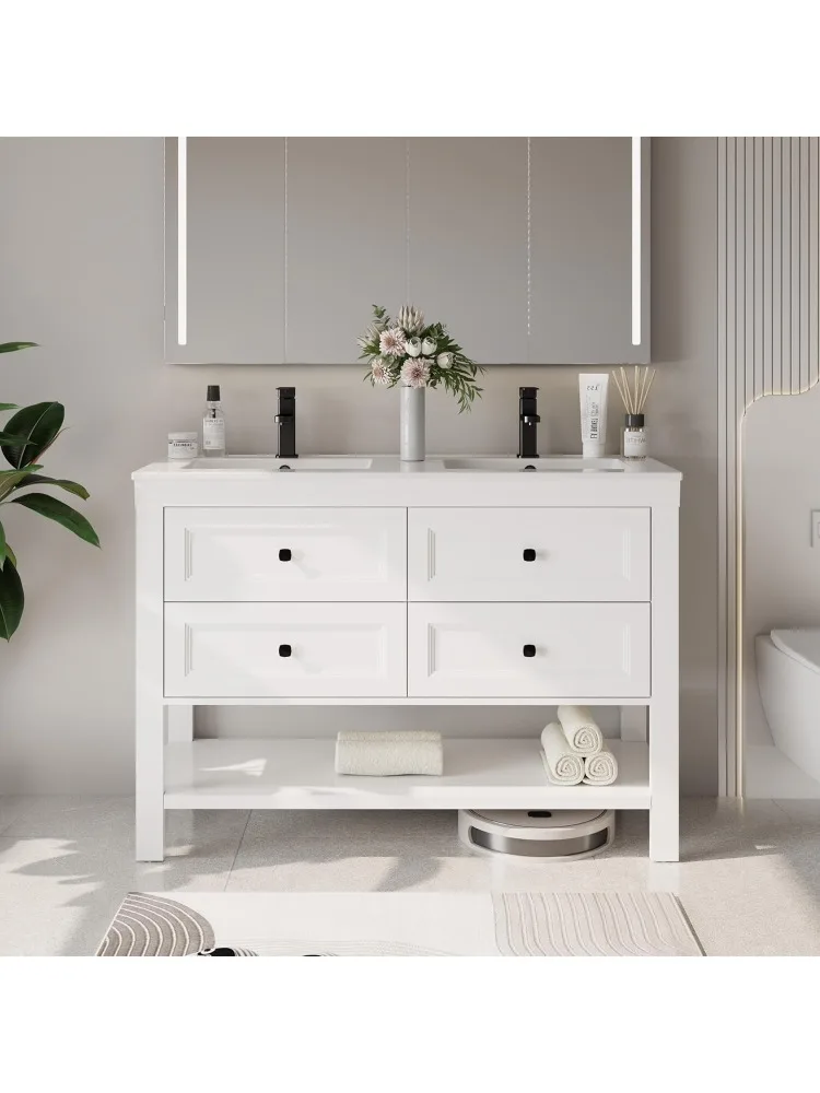 

48-дюймовый туалетный столик для ванной комнаты с раковиной, современный окрашенный туалетный столик с большими ящиками, нижняя полка с открывающейся нижней частью, приподнятая ножка