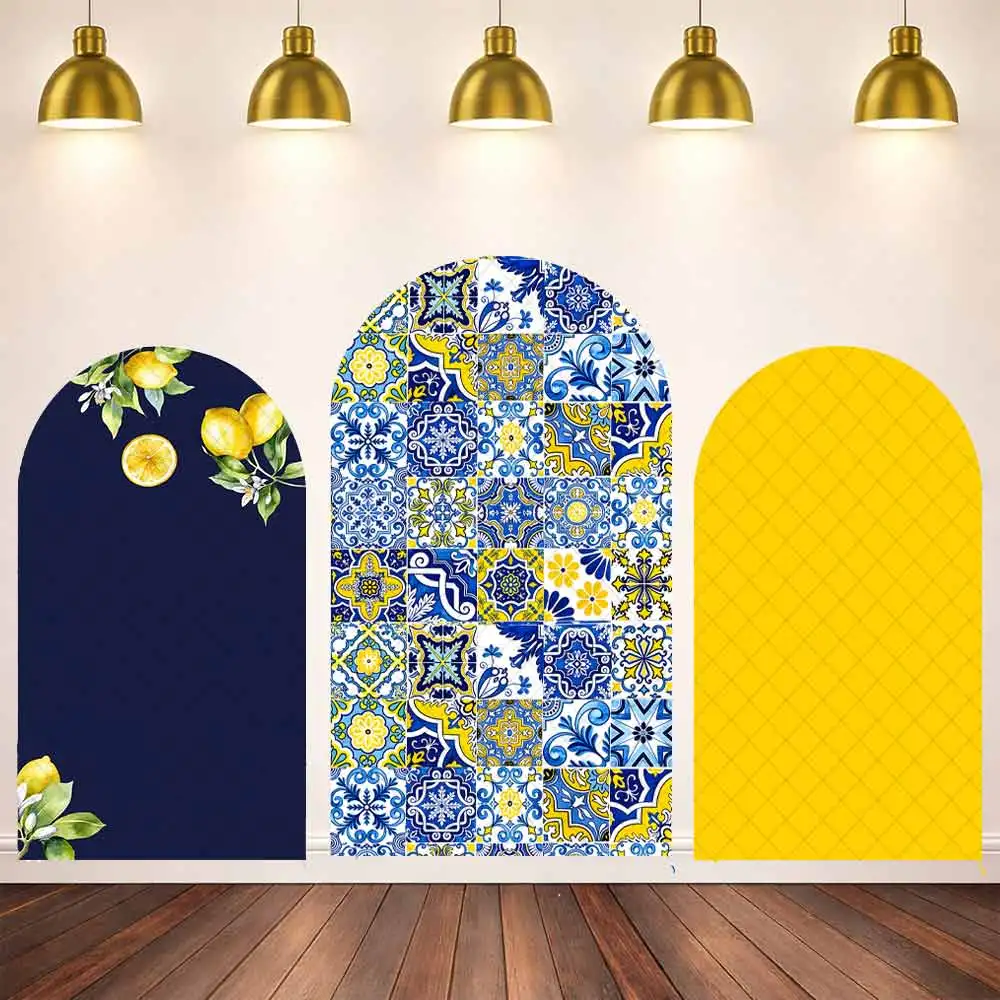 Arch Cover U Shape Lemon Fruit Tile Backdrop Photography Blue Yellow Summer Background for Kids Birthday Party Decor