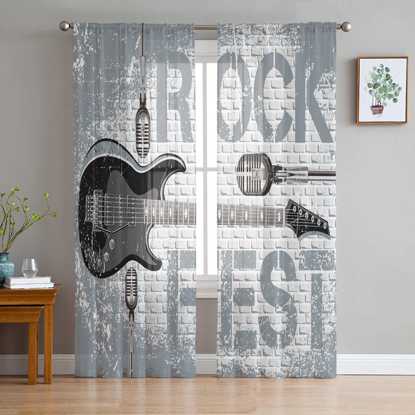 Rock Guitar Microphone Wall Music Sheer Curtains for Living Room Decoration Window Curtains Kitchen Tulle Voile Organza Curtains